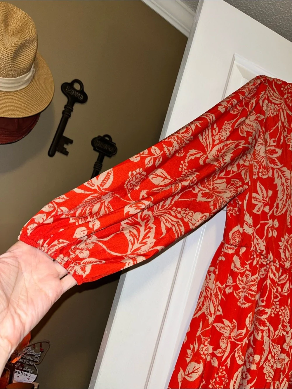 Rusttydustty Bright Red Floral Maxi Dress with Tan Print